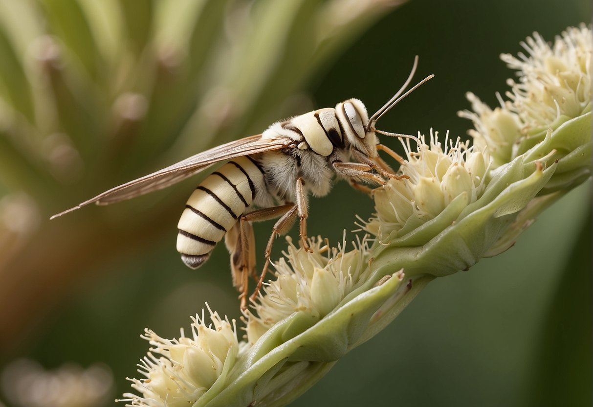 A yucca moth pollinates a yucca flower by laying eggs in its ovary, ensuring its survival. The yucca plant provides a home and food for the moth's offspring