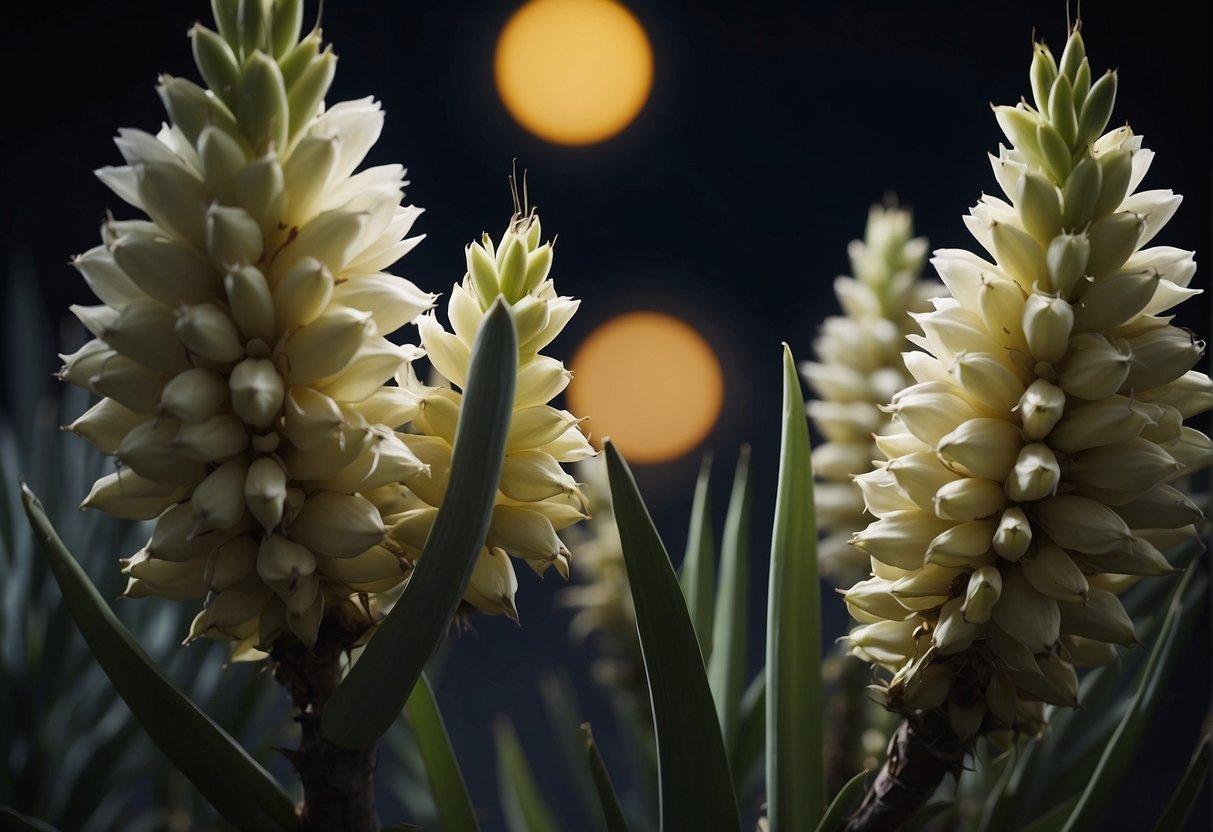 A yucca plant opens its long, tubular flowers at night, emitting a sweet scent. A yucca moth collects pollen and lays eggs in the flower, ensuring pollination and survival for both species