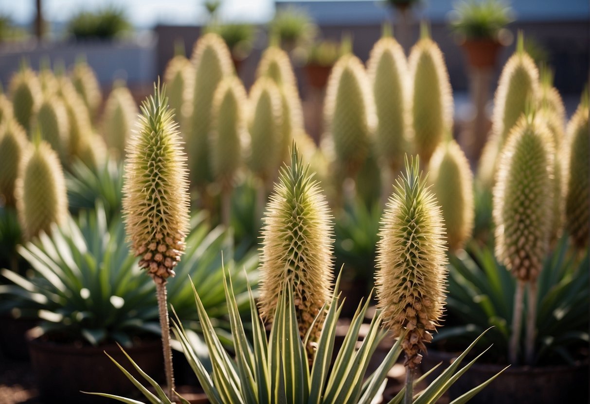 A colorful array of yucca plants displayed in a Denver nursery