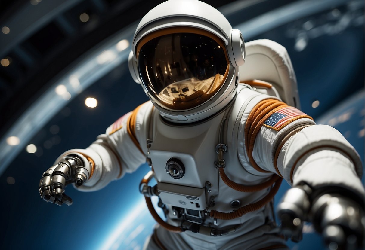 A space suit hovers in the void, assisted by robotic arms, surrounded by advanced technology and tools for extravehicular mobility