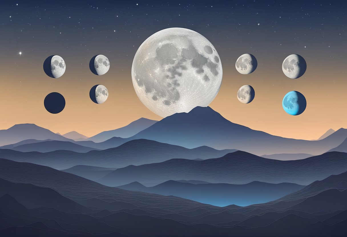 The moon phases in 2024, with clear night sky and distinct crescent, half, and full moon shapes visible