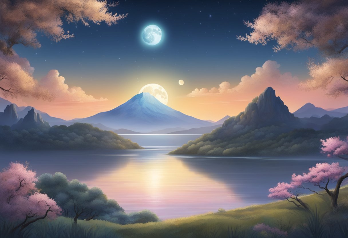 The 2024 lunar calendar shows special lunar phenomena, with a bright full moon casting a soft glow over a tranquil landscape