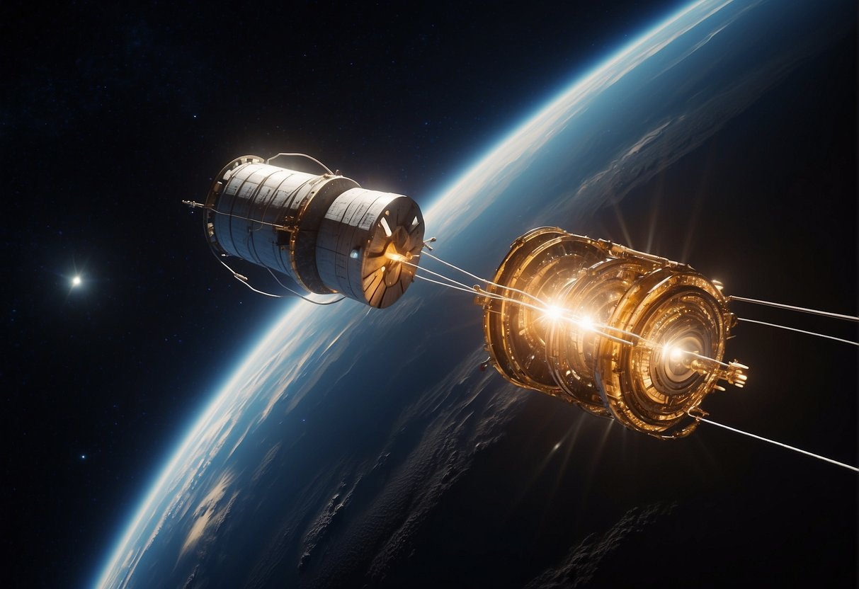 A space tether extends from a satellite, anchored to Earth. It stretches into the darkness of space, conducting momentum exchange and power generation experiments