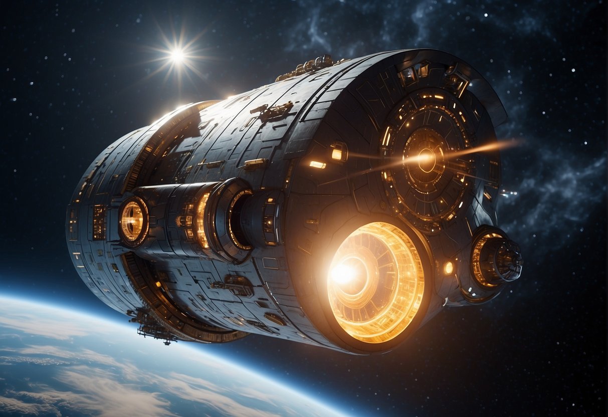 A spacecraft with glowing fusion engines propels through the cosmos, surrounded by swirling clouds of interstellar dust and gas. The stars glitter in the distance, as the ship overcomes the challenges of space travel with its advanced propulsion system