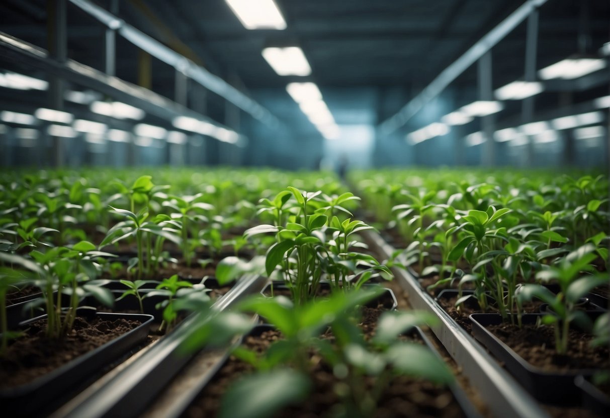 Space Agriculture - Lush green plants grow in a controlled environment, surrounded by high-tech equipment. The plants reach towards the artificial sunlight, their roots extending into nutrient-rich soil