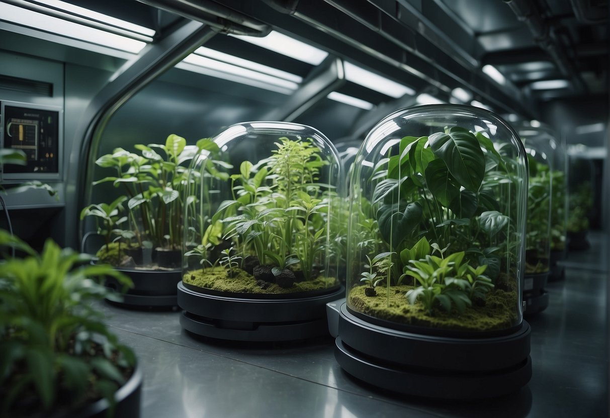 Lush green plants thrive in a controlled environment, surrounded by advanced technology and equipment. The scene exudes a sense of innovation and sustainability for long-term space travel