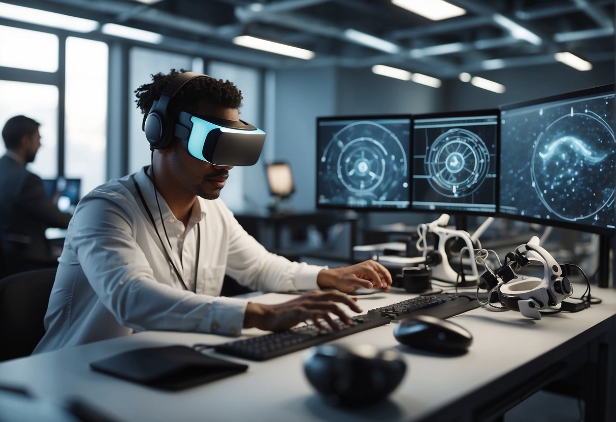 Virtual and Augmented Reality on Spacecraft Design - Virtual and augmented reality tools being used to design spacecraft. Engineers wearing VR headsets, manipulating digital models in a high-tech lab setting