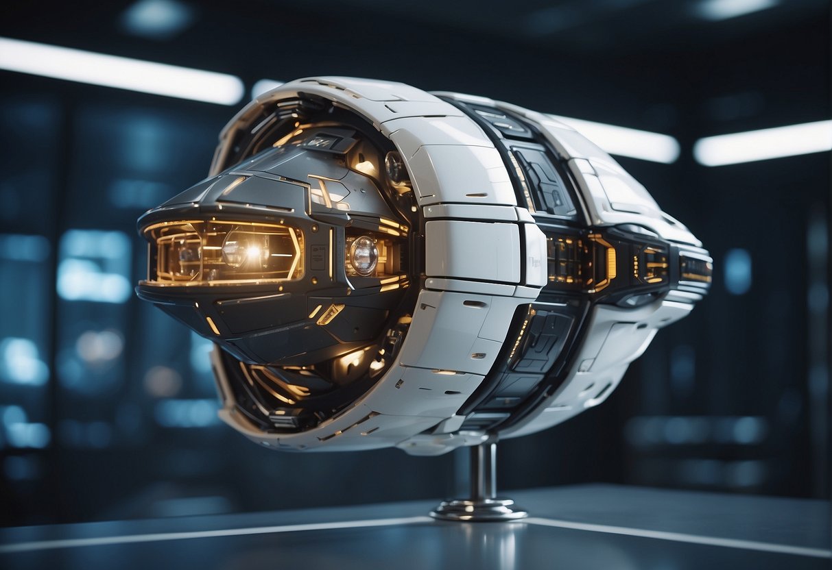 A spacecraft design evolving from traditional to futuristic, influenced by virtual and augmented reality technology. Multiple iterations and digital simulations in a futuristic workspace