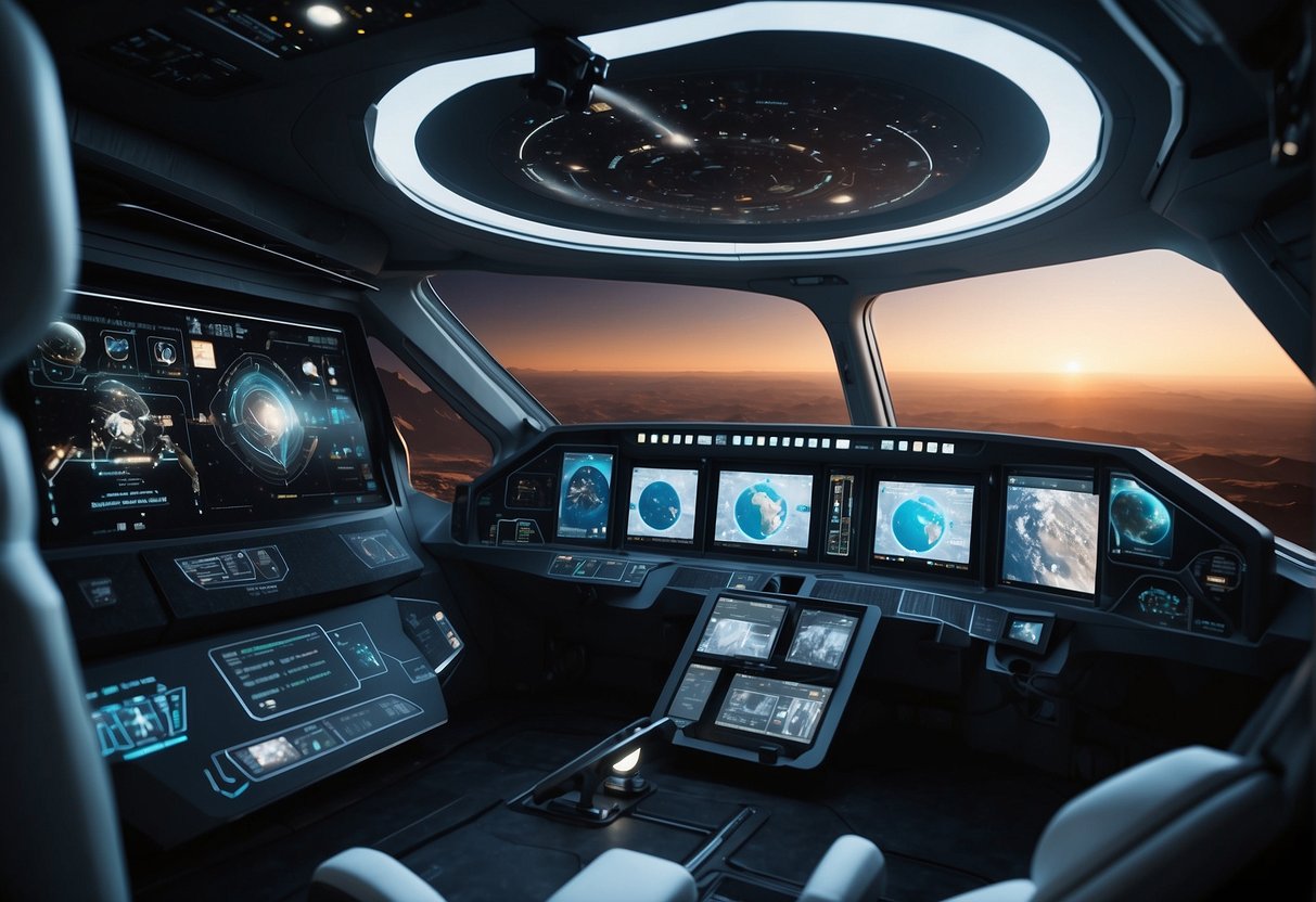 A spacecraft interior with virtual and augmented reality displays integrated into the control panels, providing real-time health management data for space missions