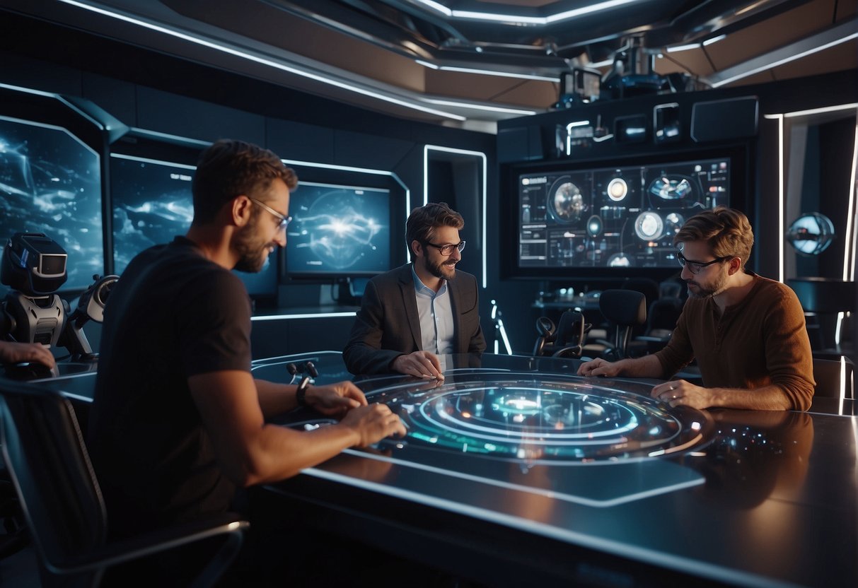 Virtual and augmented reality devices surround a spacecraft design team, as they explore and manipulate holographic models of spacecraft components and environments