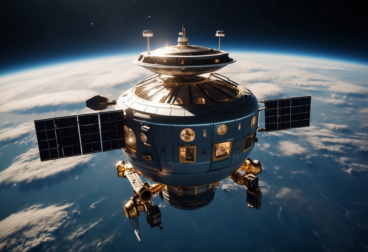 Autonomous spacecraft assemble in orbit, preparing for deep space exploration and colonization. Advanced technology and sleek design convey a sense of progress and innovation