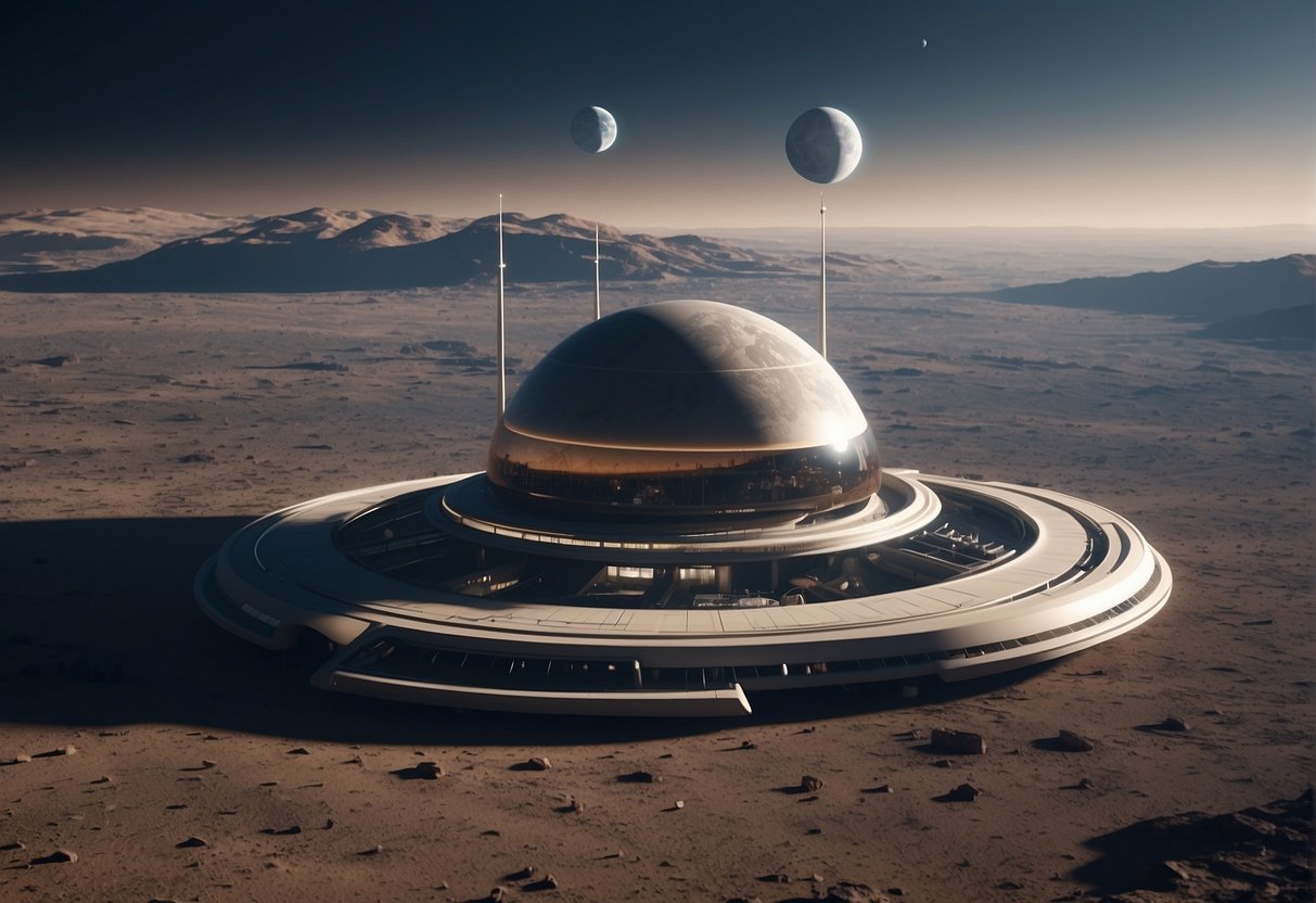 In the scene, a sleek orbital hotel orbits Earth, while a futuristic moon base stands on the lunar surface, showcasing the potential future of space tourism