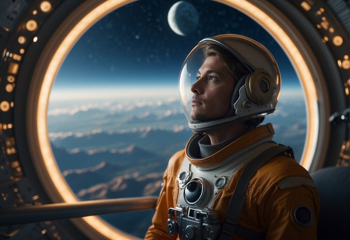 A space tourist gazes out from a luxurious orbital hotel, with Earth and the moon visible in the distance. Nearby, a futuristic moon base hums with activity