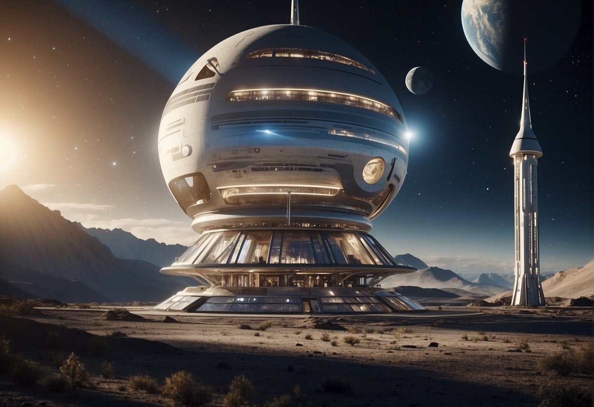 In the scene, a futuristic orbital hotel orbits Earth, while a moon base stands on the lunar surface, showcasing the future of space tourism and its impact on science and humanity