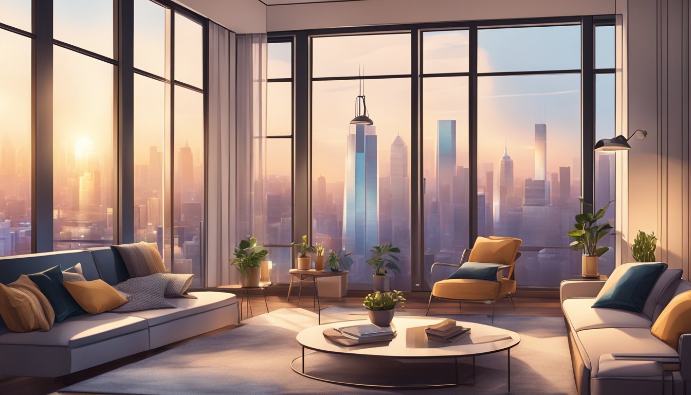 A cozy living room with modern furniture, soft lighting, and a view of the city skyline through large windows
