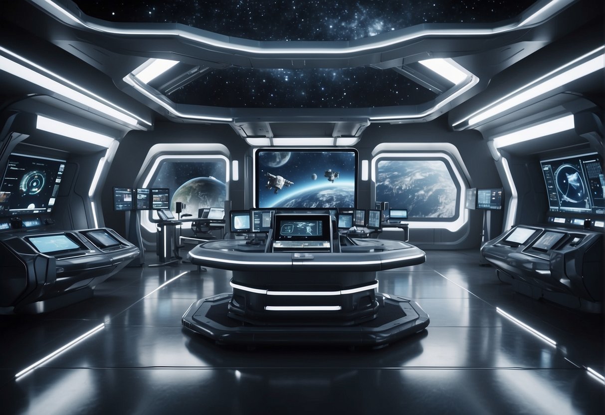 A futuristic space station with advanced computers and holographic displays, showcasing collaboration between humans and AI for space missions