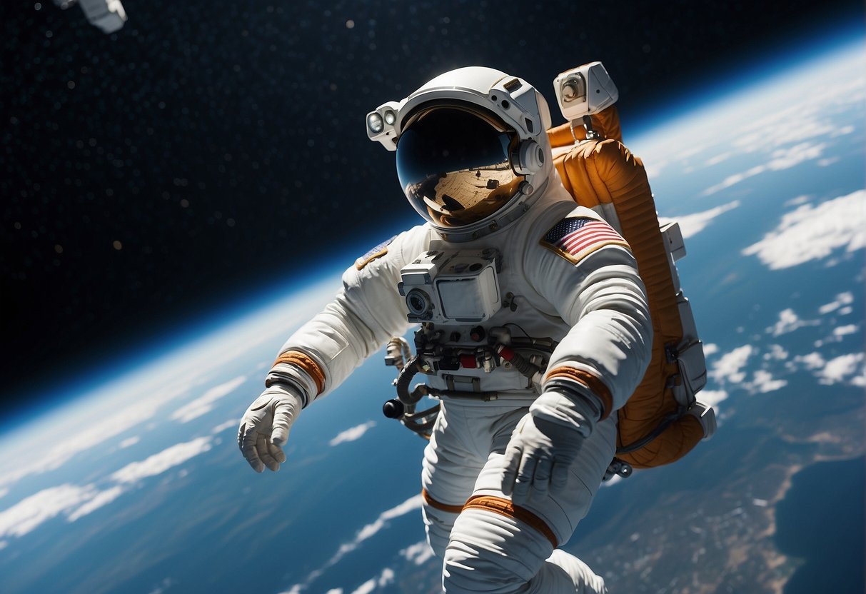 An astronaut's advanced EVA suit floats gracefully against the backdrop of the vast, star-studded expanse of space, showcasing its sleek design and cutting-edge technology