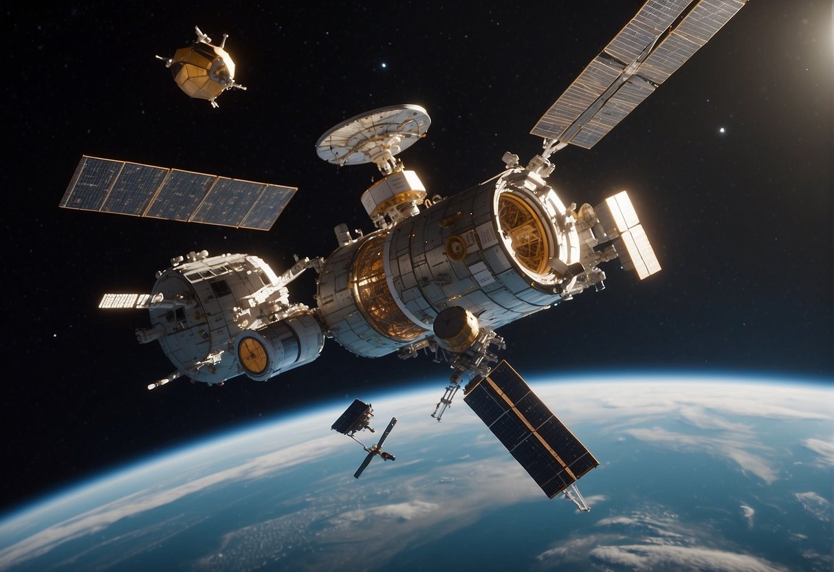 A space station orbits Earth, with various manufacturing equipment and materials floating in zero gravity. The station is surrounded by satellites and spacecraft, symbolizing industry's potential in orbit