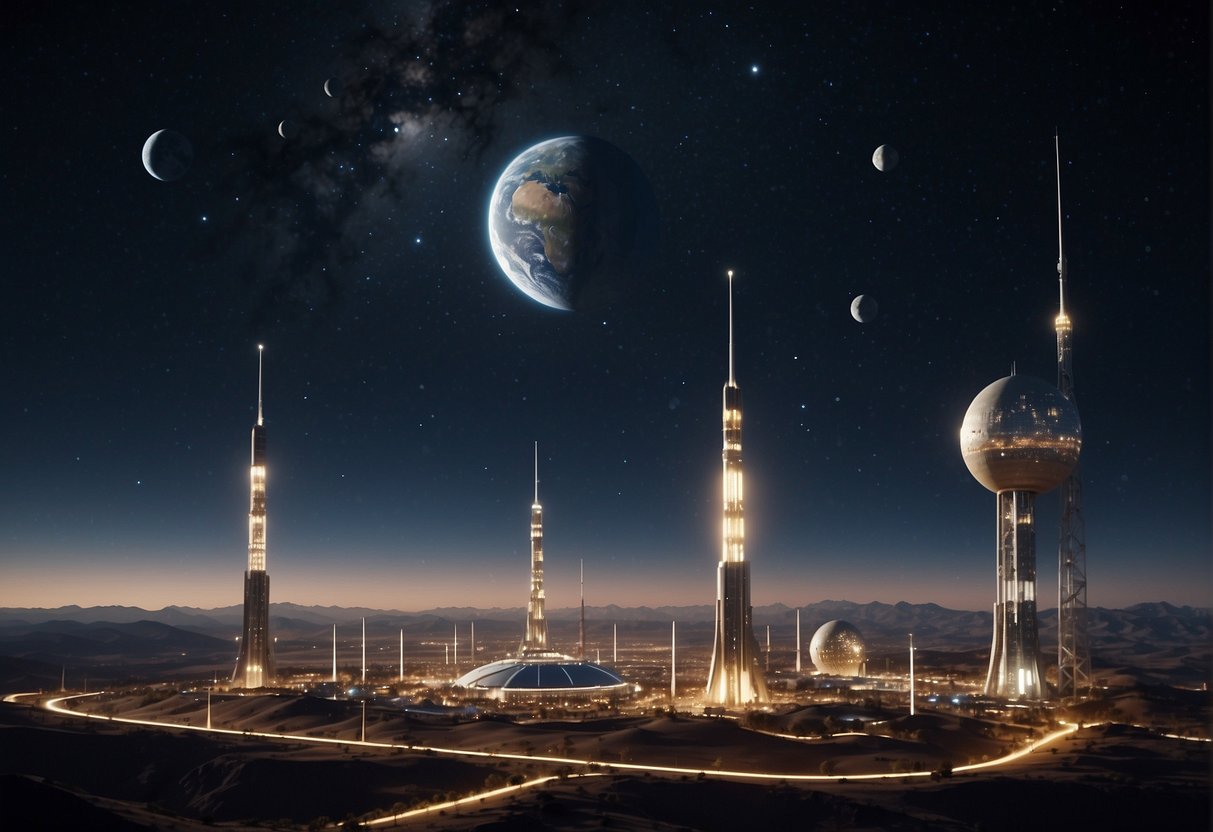 A network of satellites orbiting the moon and Mars, beaming signals back to Earth. A futuristic cityscape of lunar and Martian colonies, with communication towers reaching towards the sky