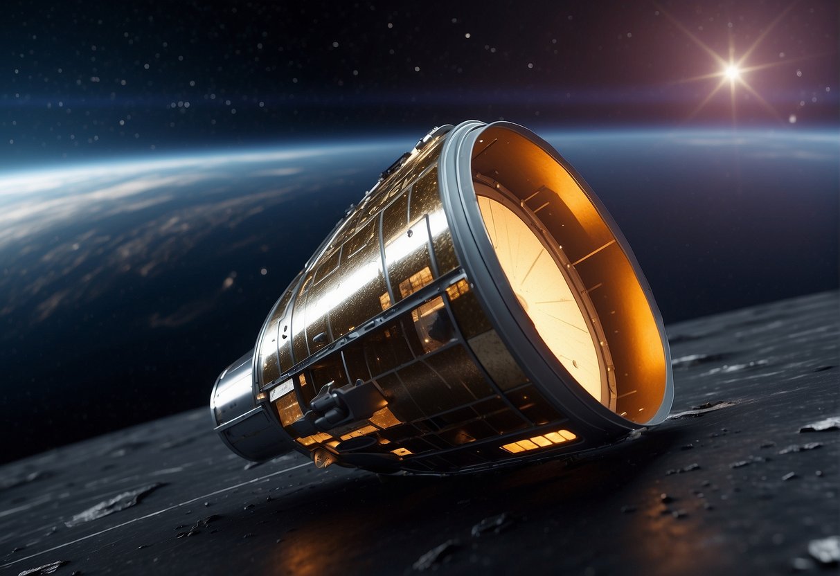 A spacecraft's damaged heat shield repairs itself, using advanced materials, in the vacuum of space