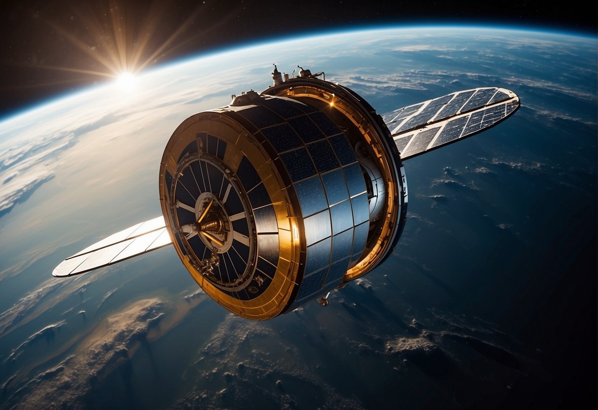 A spacecraft floats in the vastness of space, its advanced materials gleaming in the sunlight. Heat shields and habitat structures are visible, showcasing the innovative power systems and energy storage technology that enable long-duration missions
