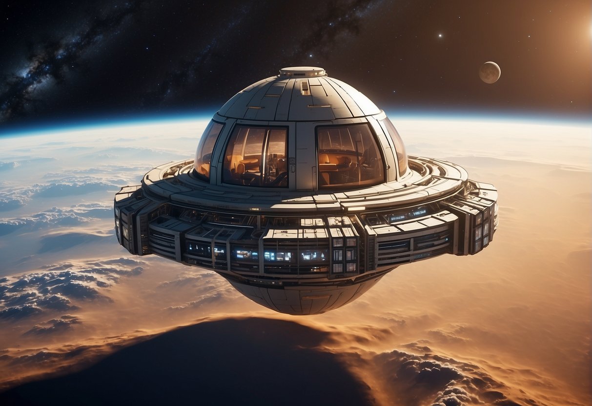 A futuristic space habitat with advanced materials, heat shields, and habitat structures, floating in the vastness of space