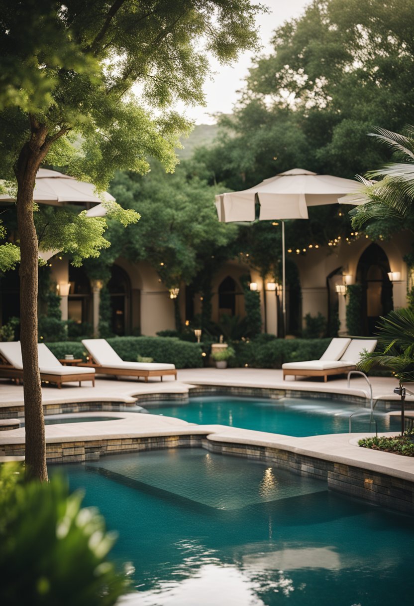 The hotel spa in Waco features a serene pool surrounded by lush greenery, with cozy cabanas and plush lounge chairs for relaxation. A soothing waterfall adds to the tranquil ambiance