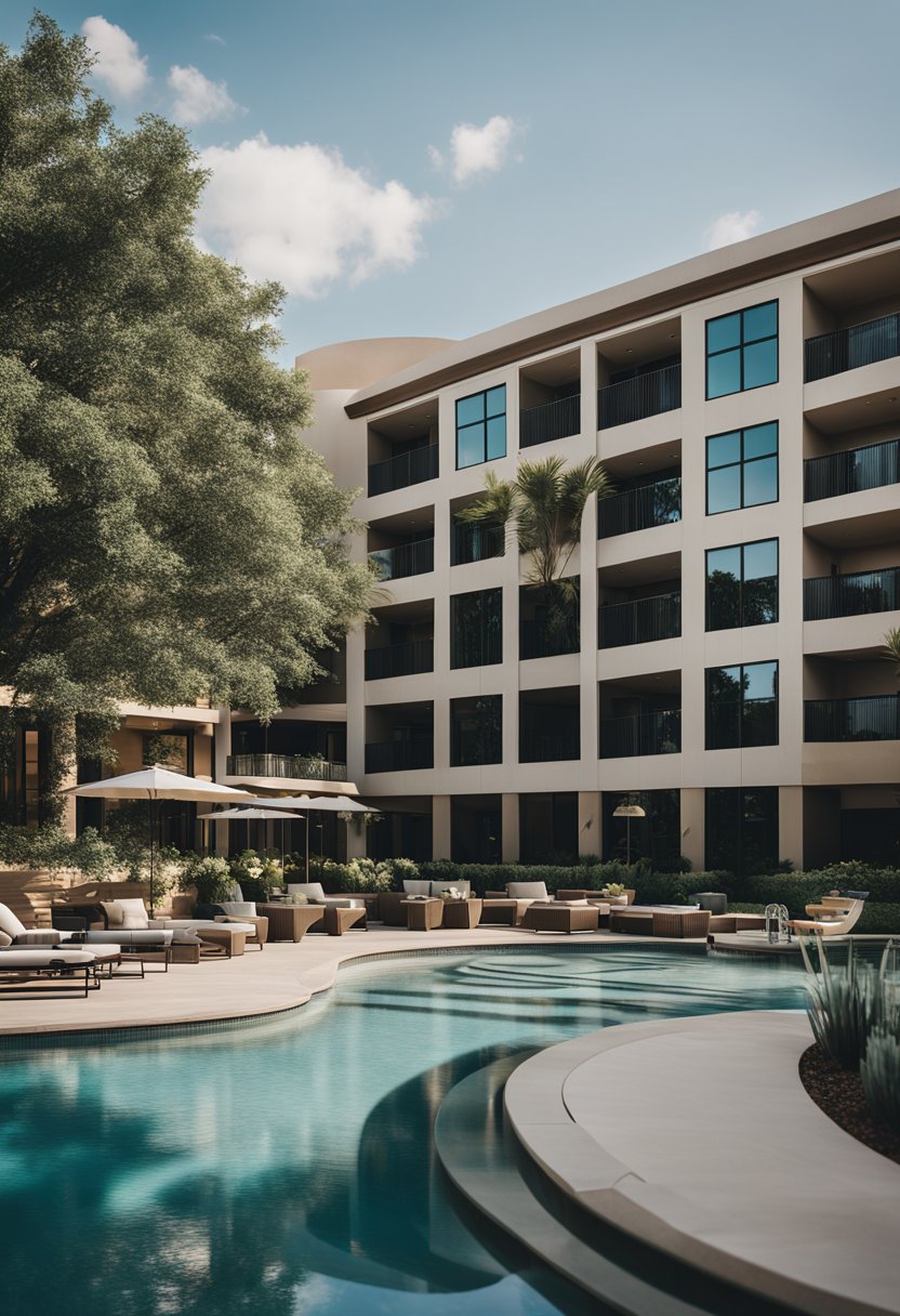 A luxurious hotel with a spa in Waco, featuring a modern building with sleek architecture, surrounded by lush landscaping and a tranquil outdoor pool area