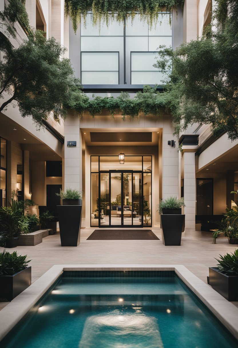 A luxurious hotel with a spa in Waco, featuring a serene pool surrounded by lush greenery and a modern, inviting entrance
