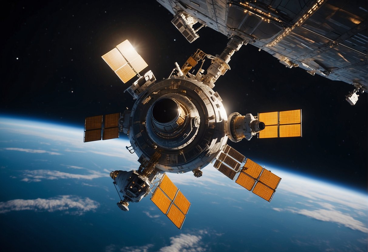 Spacecraft approaching docking port. Advanced technology guides and aligns vessels for seamless connection. Challenges of space docking operations overcome with precision and innovation