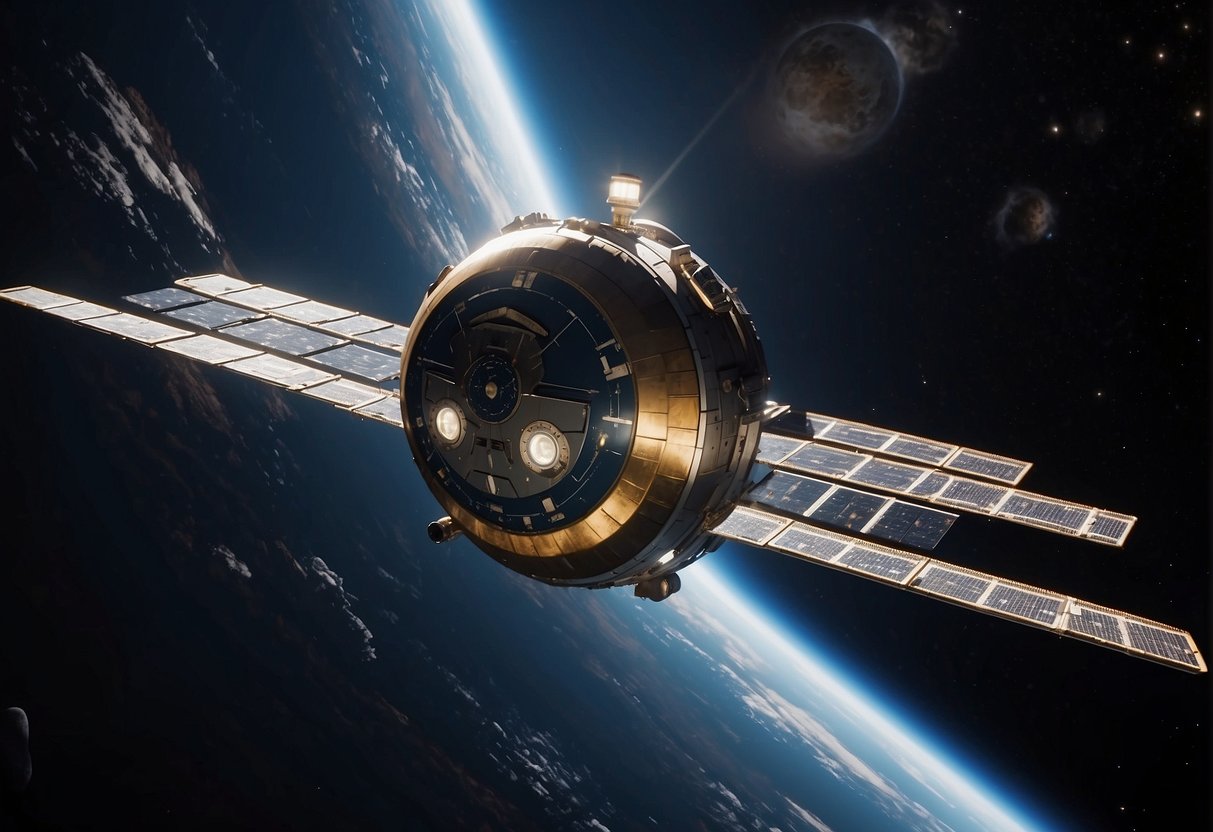 Spacecrafts dock in orbit, showcasing advanced technology. The scene highlights the progression of space missions and the future of space docking technology