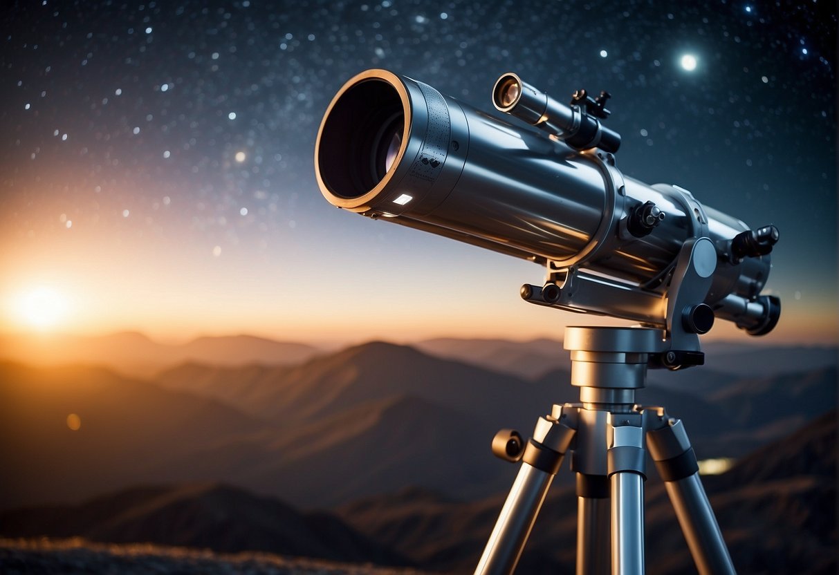 A telescope points towards a starry sky, with futuristic instruments and technology surrounding it, hinting at the search for extraterrestrial life and the ethical implications of such a discovery