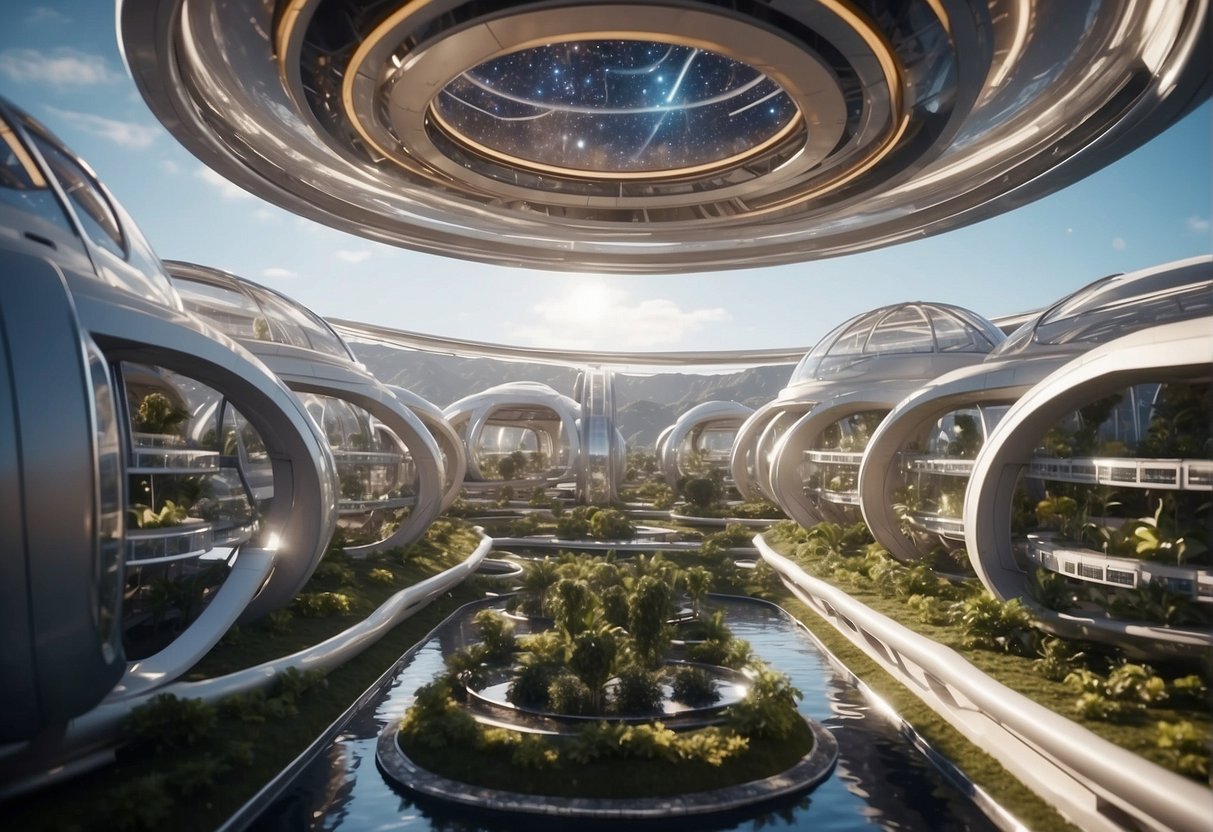 The Architecture of Space Colonies - A cluster of cylindrical space habitats orbiting a central hub, connected by sleek walkways and surrounded by solar panels, with Earth visible in the background