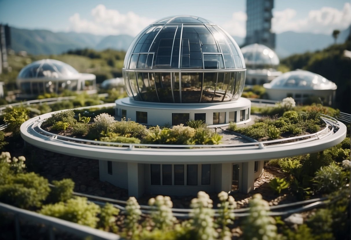 A space colony rotates slowly, simulating gravity. Solar panels cover the exterior, providing energy. Inside, lush gardens and living quarters create a self-sustaining ecosystem