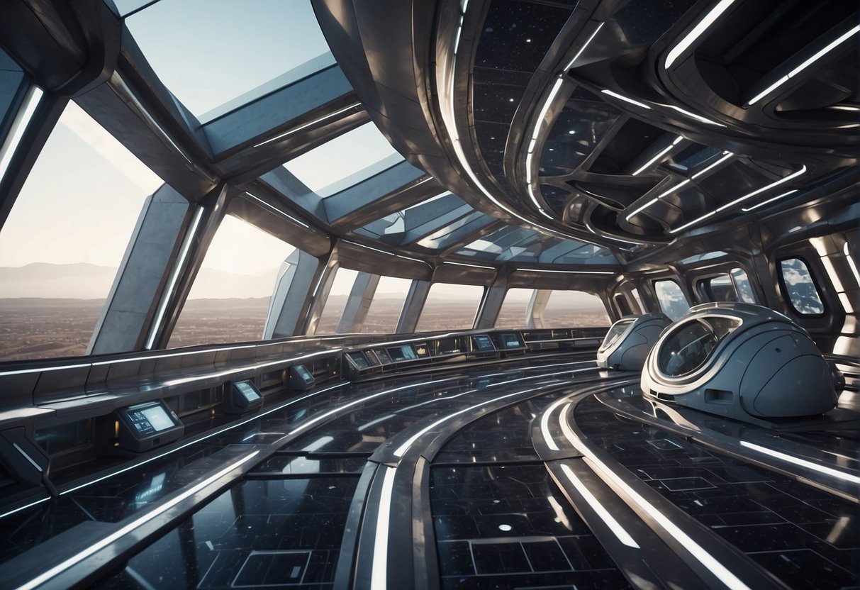 A futuristic space habitat with interconnected modules, curved and angular structures, large windows, and solar panels, floating in the vastness of space