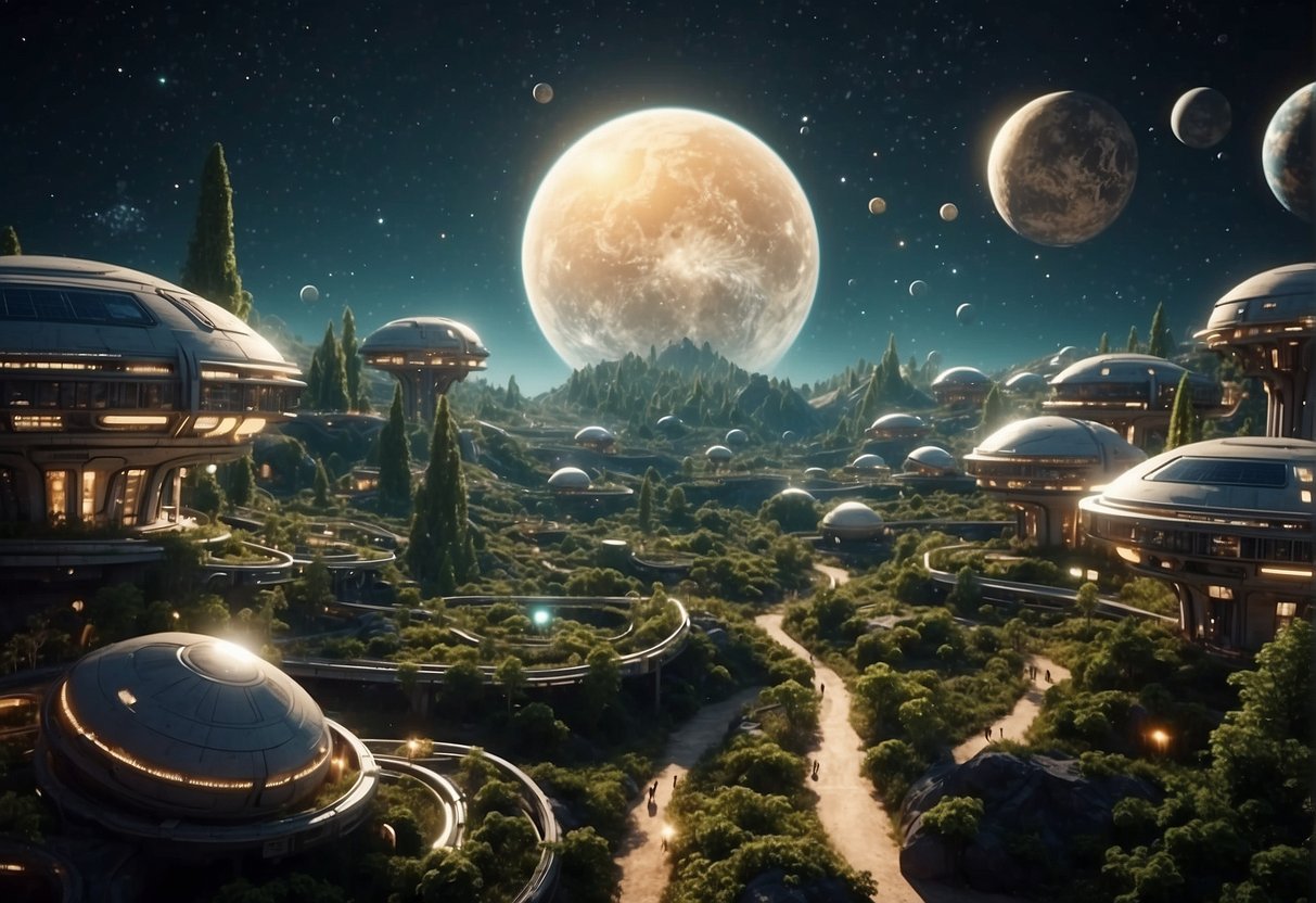 A space colony with interconnected modules, greenery, and recreational areas floats in the vastness of space, illuminated by the glow of distant stars