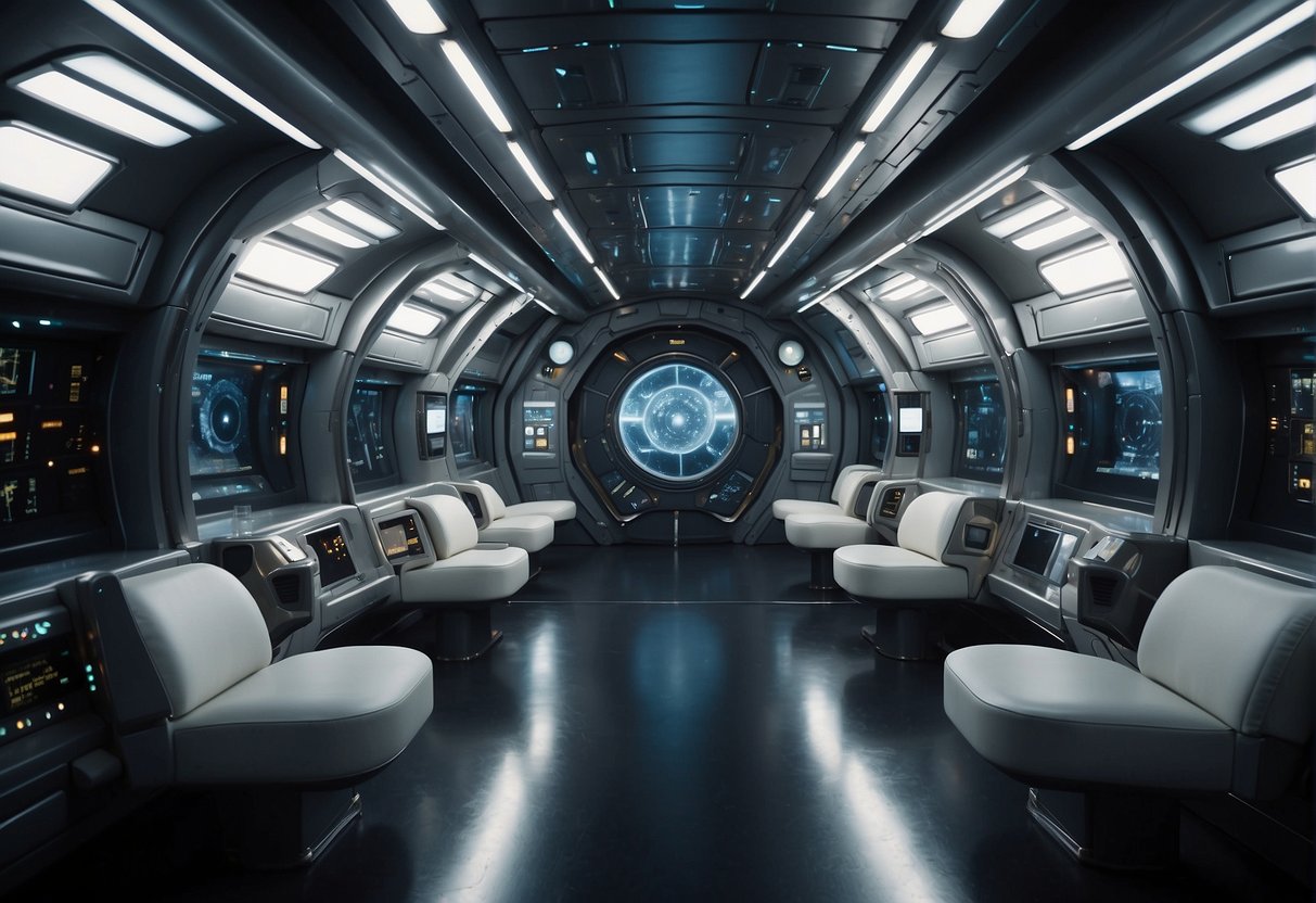 The space colony's sleek, metallic walls encase a network of safety measures, including airlocks, radiation shielding, and emergency escape routes