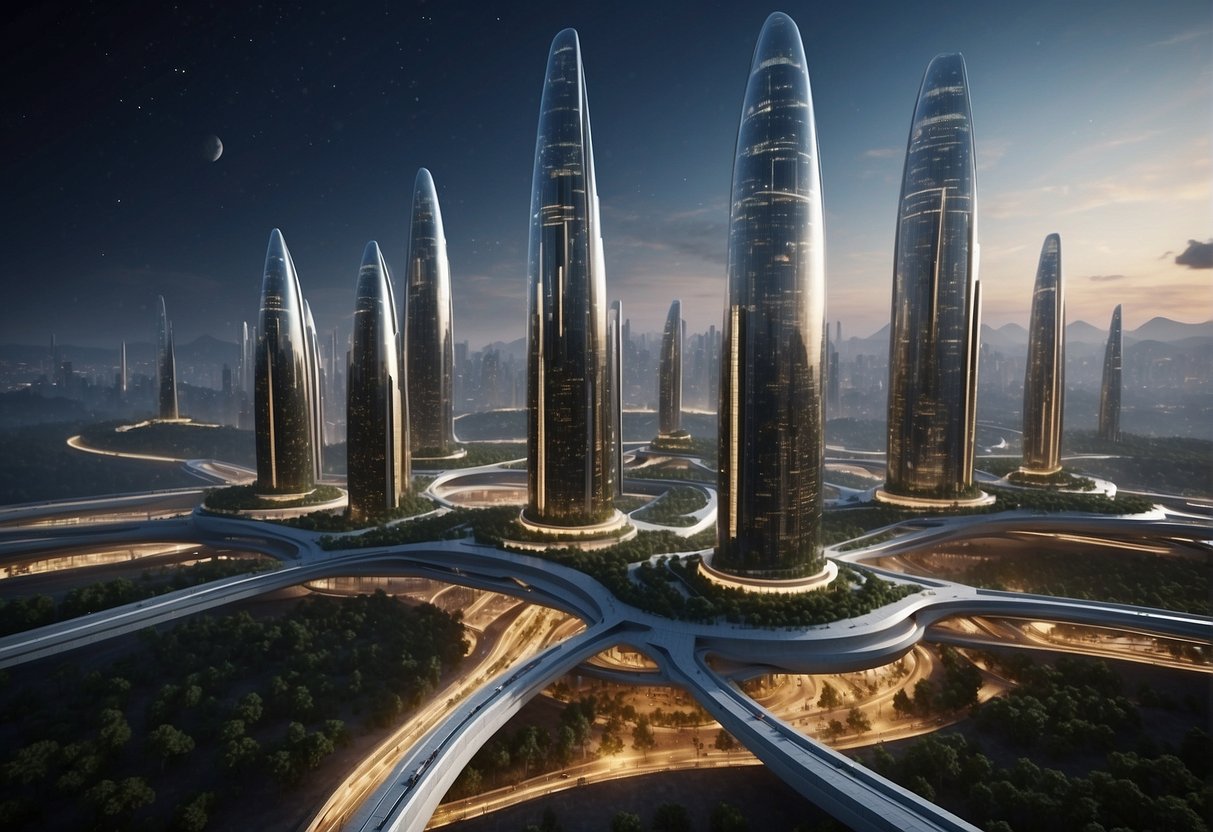 A bustling space colony with sleek communication towers, advanced navigation systems, and efficient transport infrastructure. The architecture seamlessly integrates technology and functionality