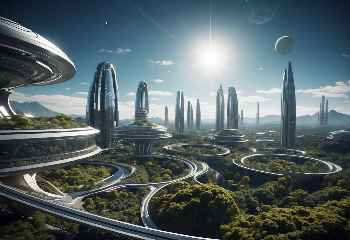 A futuristic space colony with sleek, sustainable architecture, featuring advanced technology and green spaces, orbiting a distant planet
