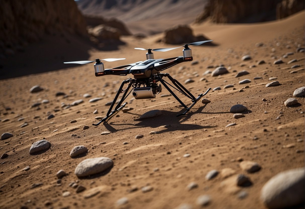 Drones fly over lunar and Martian landscapes, capturing images and collecting data for exploration missions