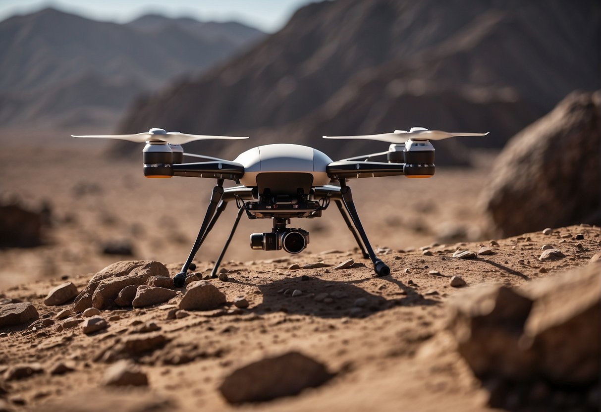A drone hovers over the rugged lunar or Martian terrain, navigating around obstacles and collecting data for exploration