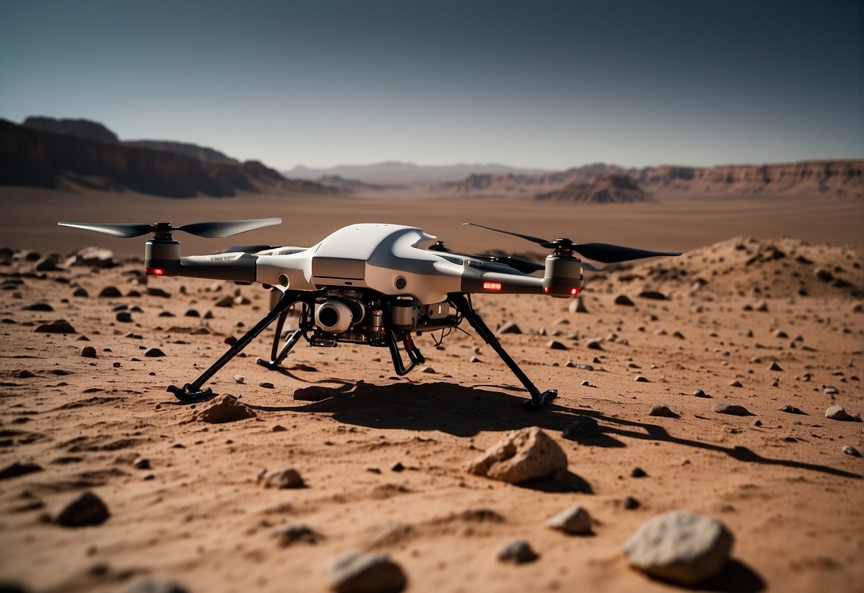 A drone hovers over the rugged lunar surface, capturing images and collecting data. In the distance, another drone is seen exploring the Martian terrain, highlighting the crucial role of drones in space exploration