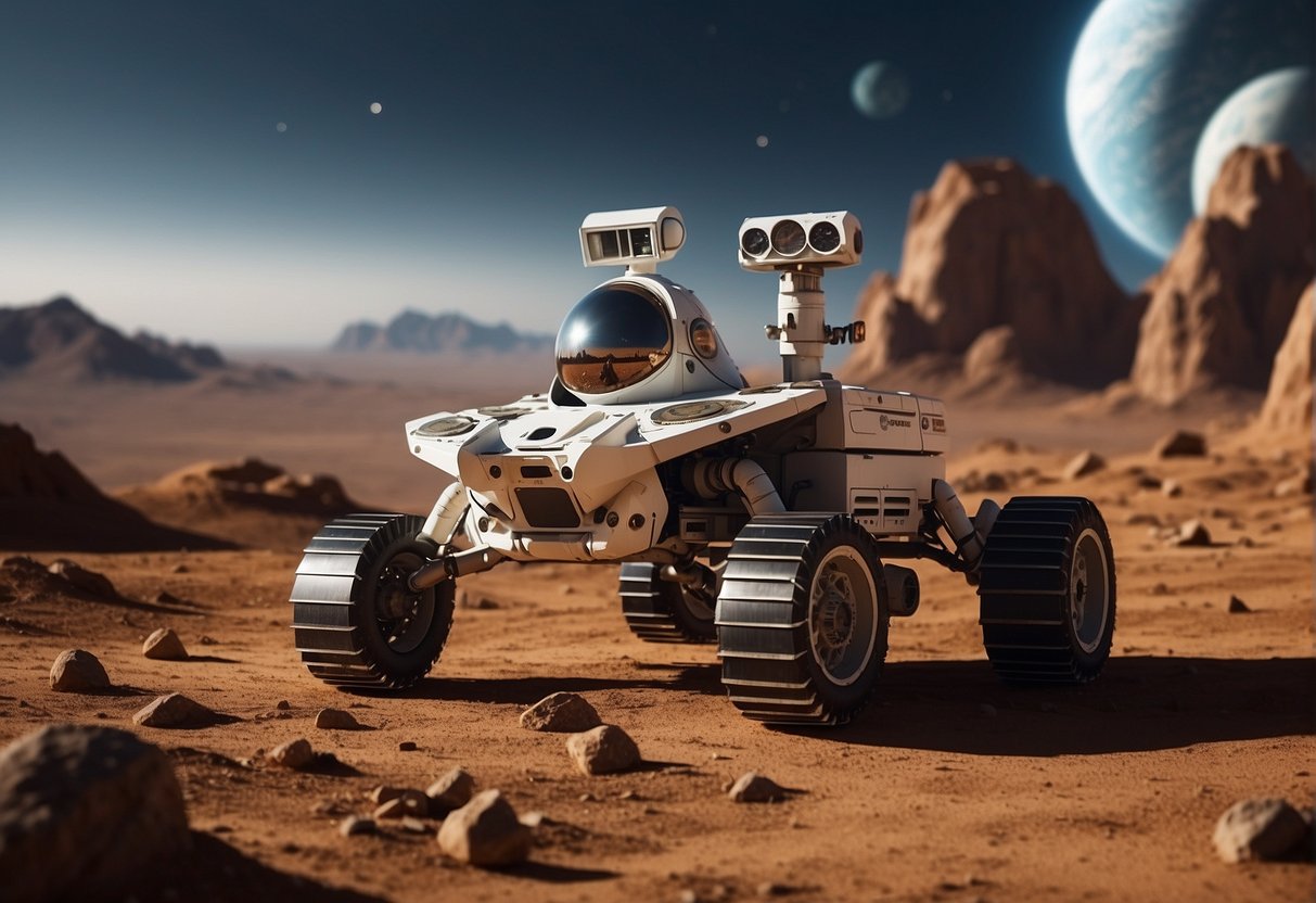The Future of Space Exploration - Various nations collaborate on Mars colonization. Spacecrafts and rovers work together to build habitats and conduct research. A bustling base is established, showcasing global cooperation in space exploration