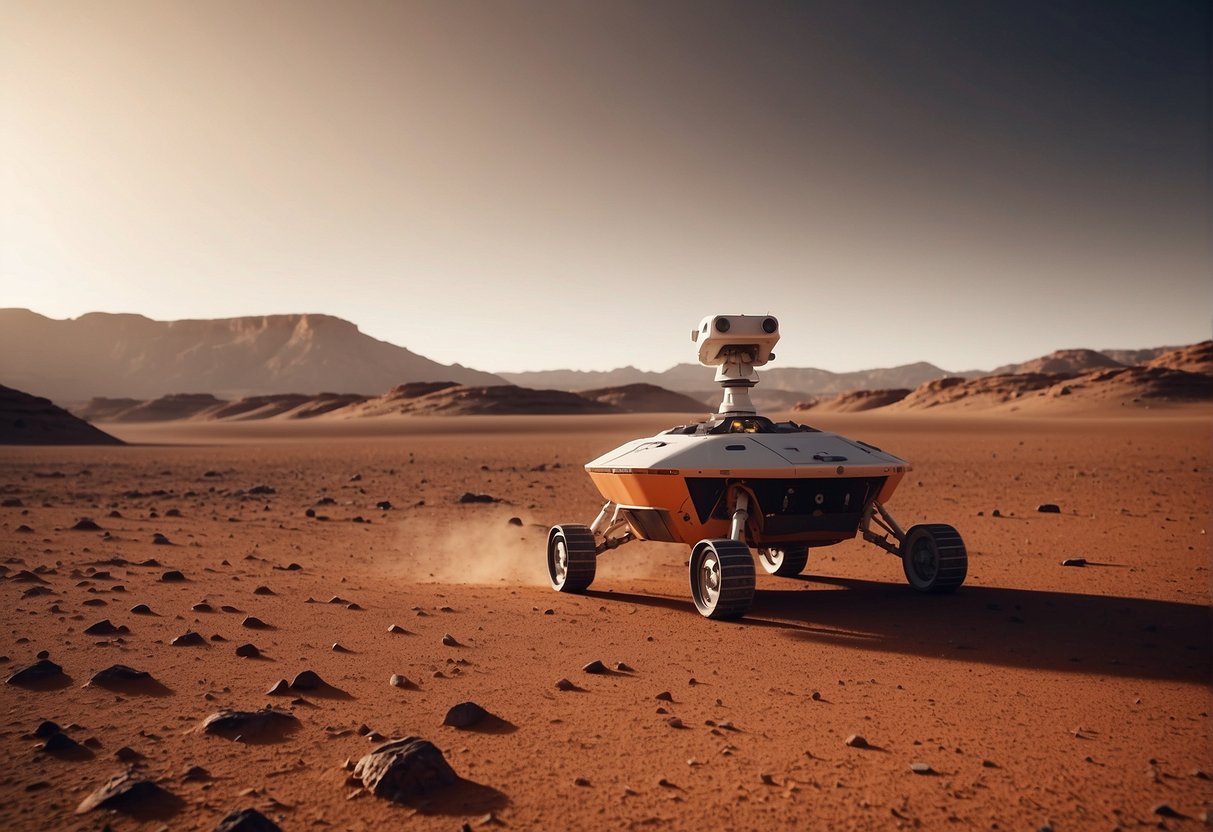 A spacecraft lands on Mars, surrounded by a barren red landscape. A team of robots equipped with tools and instruments begin to explore and analyze the planet's surface for potential colonization