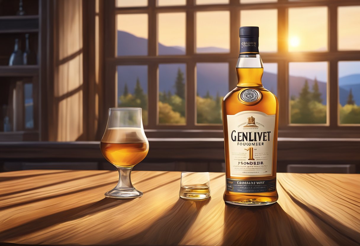 A bottle of Glenlivet Founder's Reserve sits on a rustic wooden table, surrounded by a warm glow from the evening sun streaming through a window