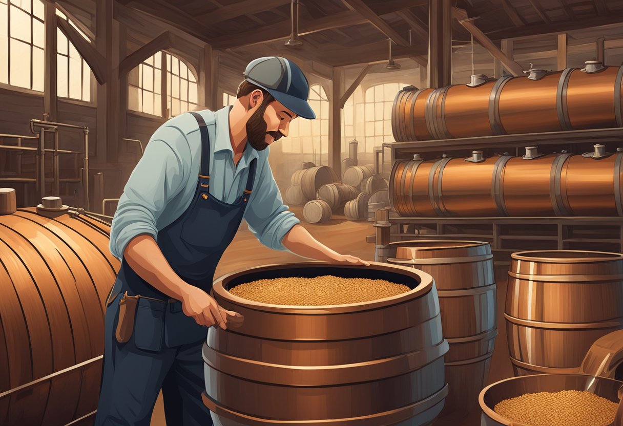 A distillery worker pours barley into a large copper still, surrounded by towering oak barrels and the gentle hum of machinery