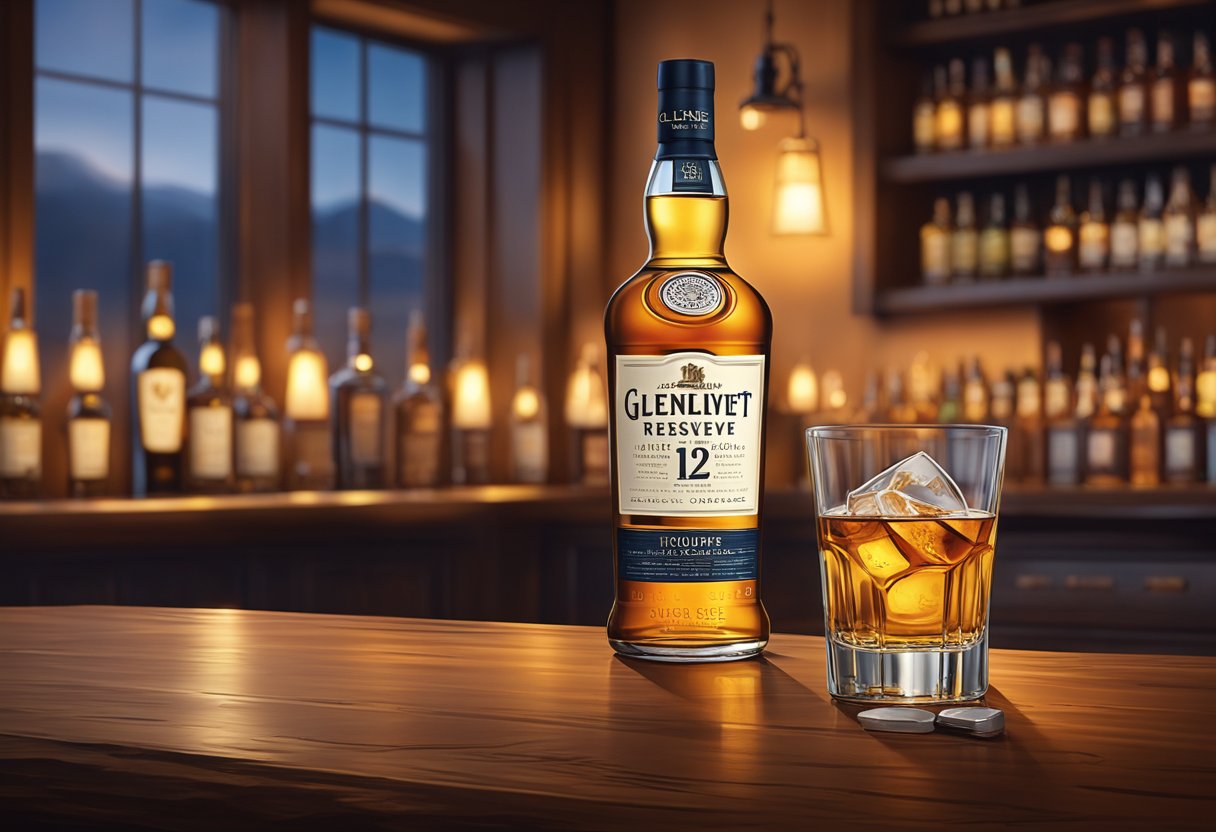 The glass of Glenlivet Founder's Reserve sits on a rustic wooden table, surrounded by a warm glow from the soft lighting, with a backdrop of a cozy, dimly lit whisky bar