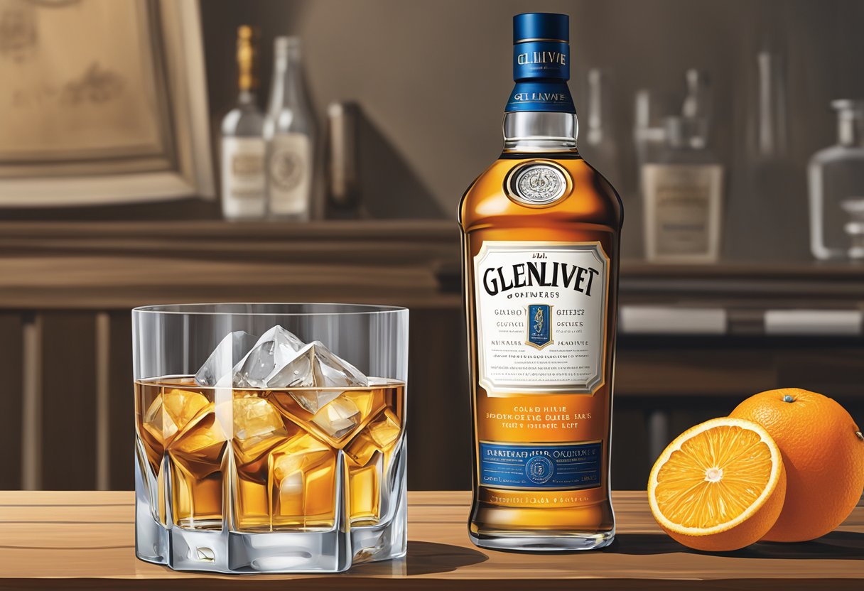 A bottle of Glenlivet Founder's Reserve sits on a wooden table next to a crystal tumbler filled with ice. A slice of orange rests on the rim of the glass