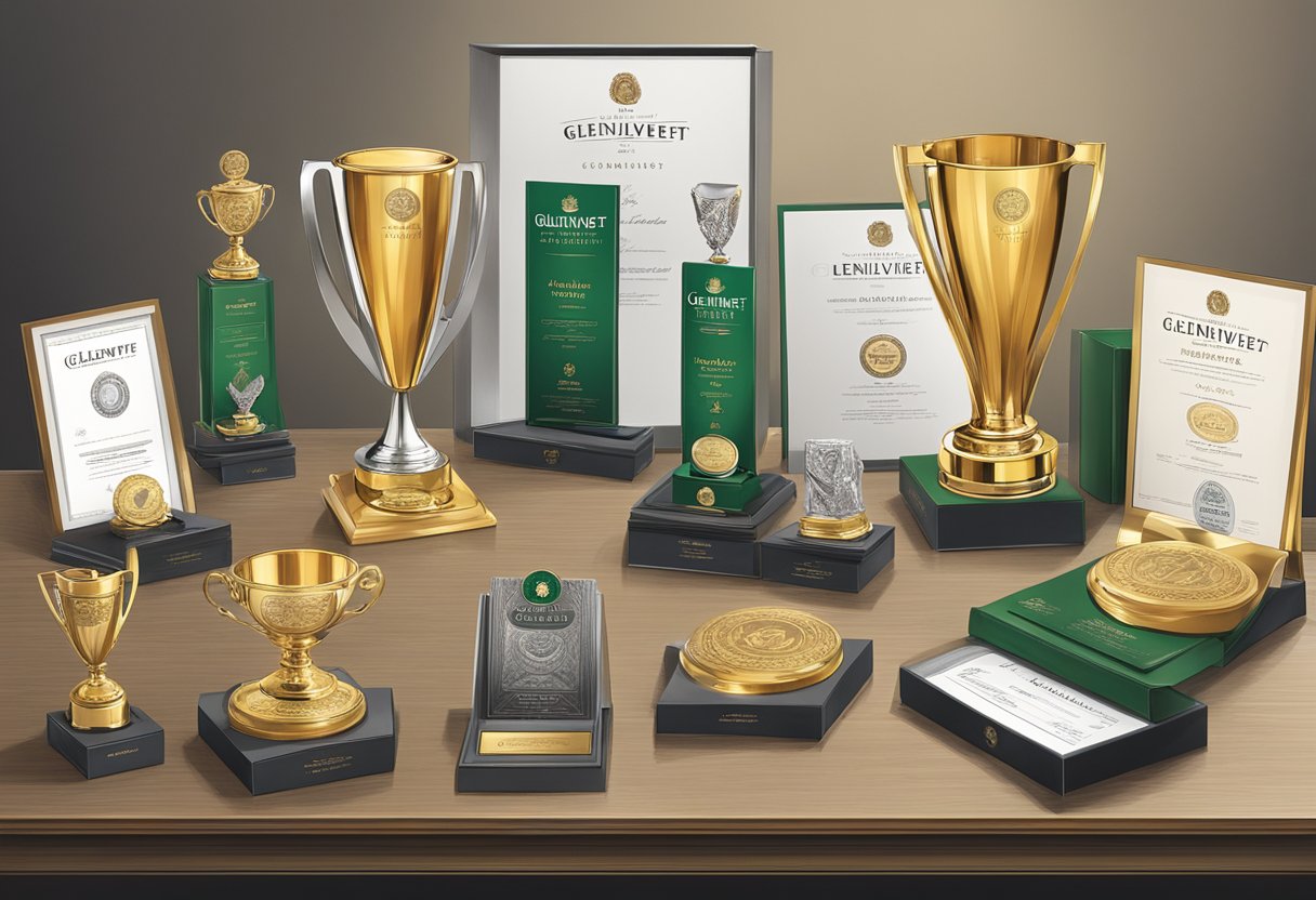A table adorned with gleaming trophies and certificates, showcasing the prestigious awards and recognition received by Glenlivet Founder's Reserve