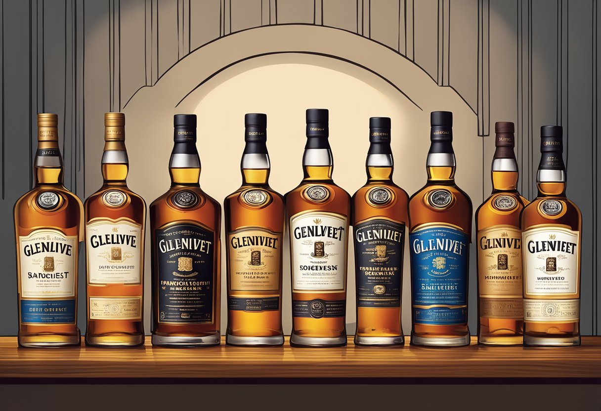 A row of whiskey bottles lined up, with Glenlivet Founder's Reserve standing out. The label is distinct, and the bottle is placed on a wooden shelf with warm lighting